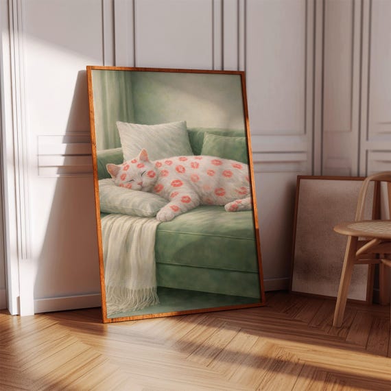 Lipstick Cat Print Sleeping Animal Poster Green Wall Decor Trendy Bedroom Art