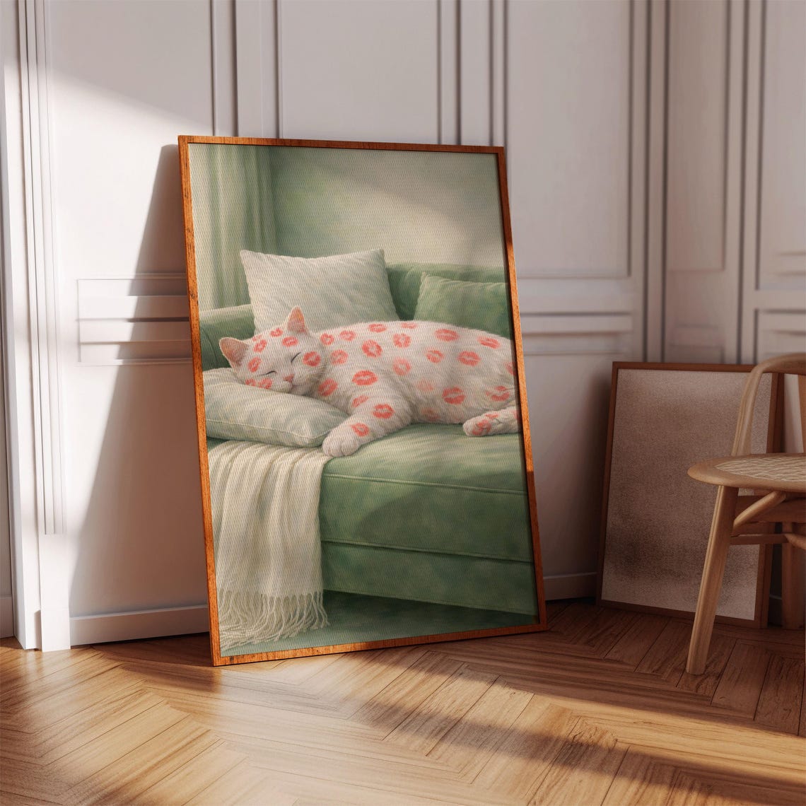 Lipstick Cat Print Sleeping Animal Poster Green Wall Decor Trendy Bedroom Art