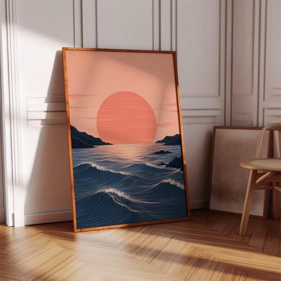 Japanese Sun Ocean Waves Wall Art Retro Boho Landscape Print Minimalist Sea Poster