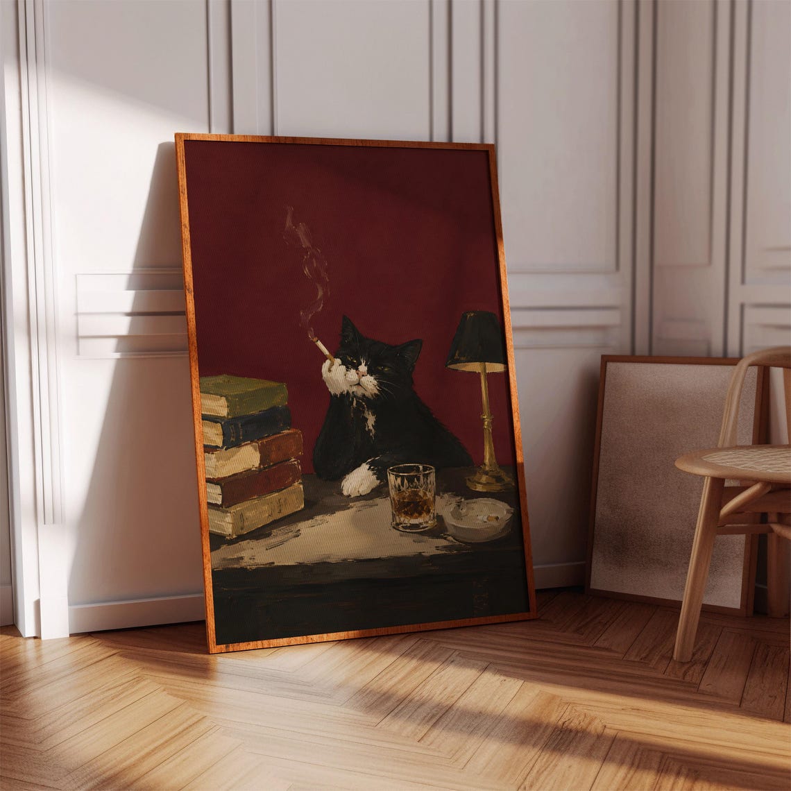 Dapper Gentleman Cat Smoking Whiskey Dark Red Humor Art Poster