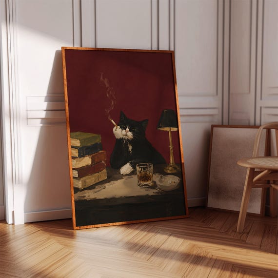 Funny Smoking Cat Art Print Tuxedo Oil Painting Moody Bar Wall Decor Poster