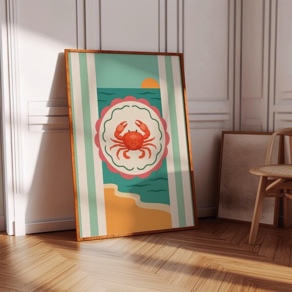 Red Crab Shell Beach Sunset Vintage Coastal Illustration Poster
