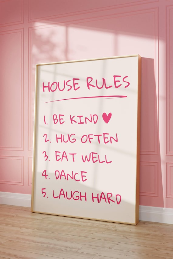 House Rules Pink Handwritten Quote Be Kind Hug Often Laugh Hard Poster