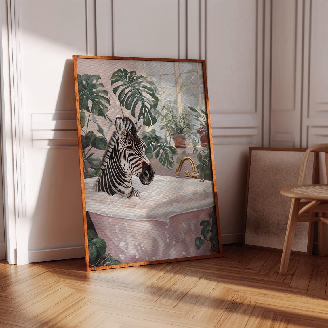 Zebra in Bubble Bathtub Funny Bathroom Print Pink Retro Animal Decor