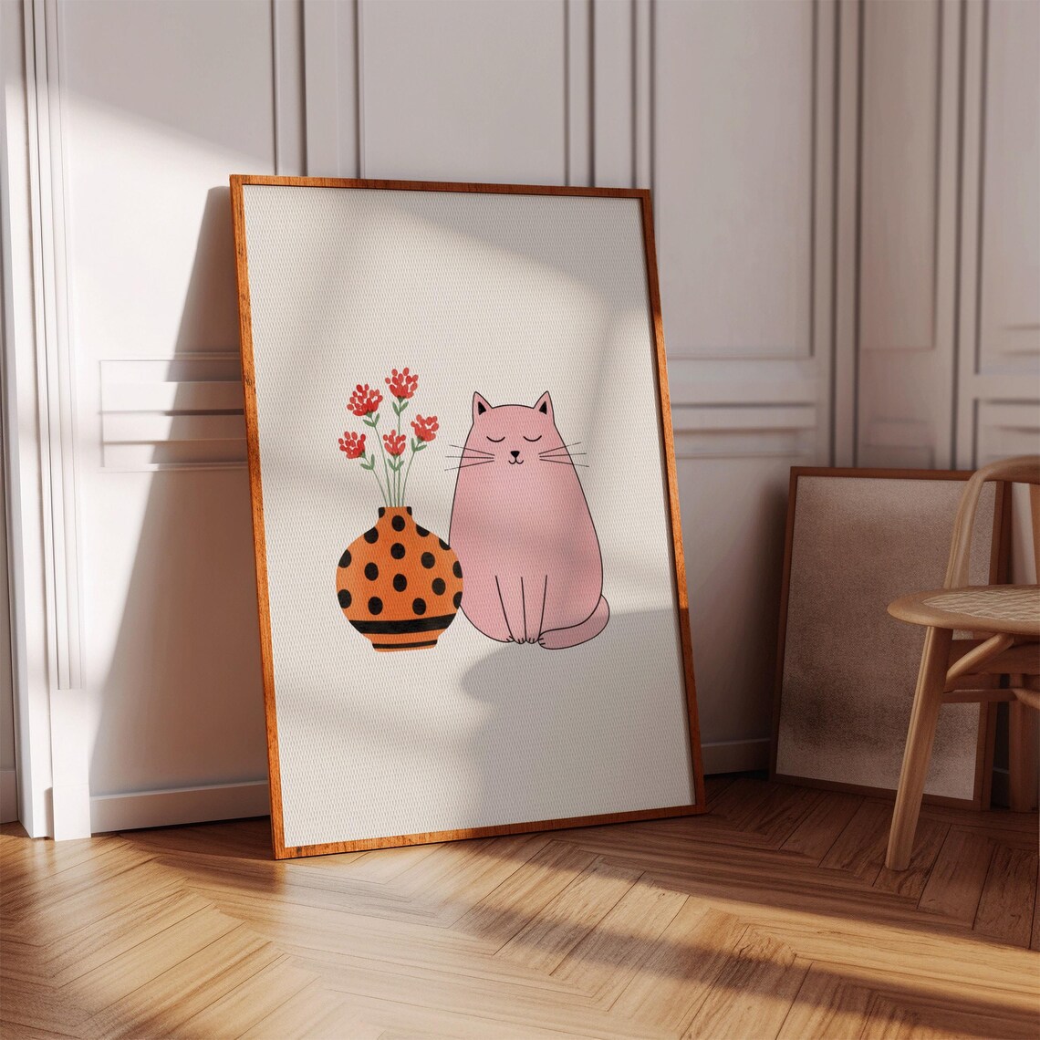 Pink Cat Floral Art Print