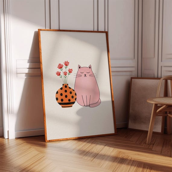 Pink Cat Floral Art Print