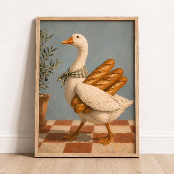 Whimsical Goose Baguette Print French Kitchen Wall Art Cottagecore Decor
