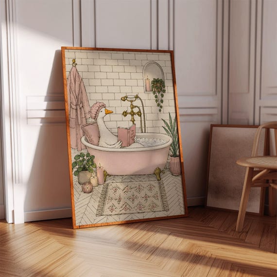 Goose In Bathtub Poster Bathroom Wall Art Coquette Cottagecore Decor Print