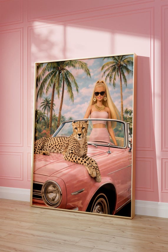 Pink Car Wall Art Tropical Fashion Poster Cheetah Print Coastal Room Decor