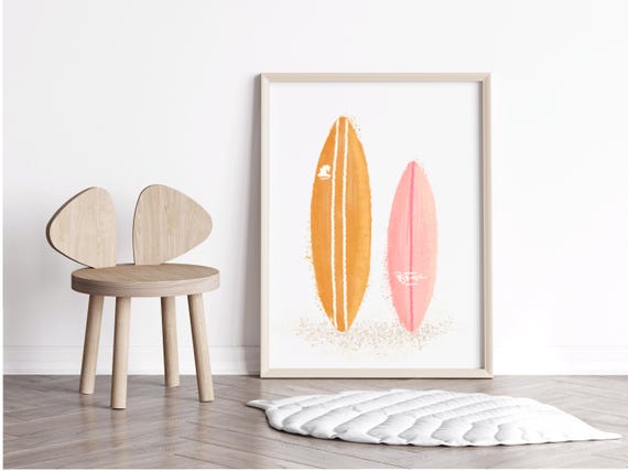 Nursery Surf Board Wall Art Print Pink Ocean Theme Nautical Beach Decor