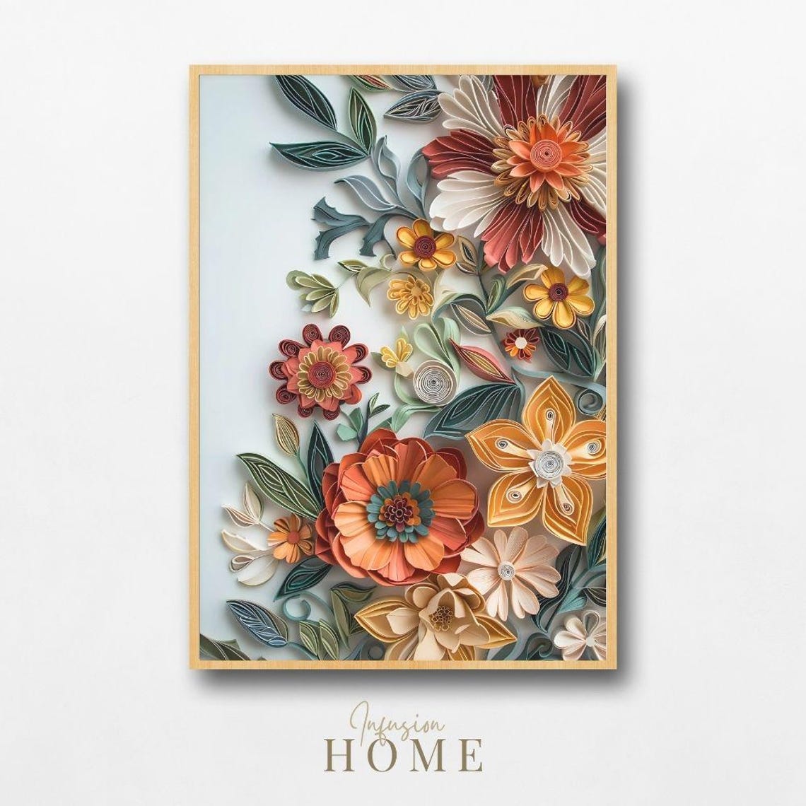 Golden Bloom Paper Quilling Orange Teal 3D Floral Wall Poster