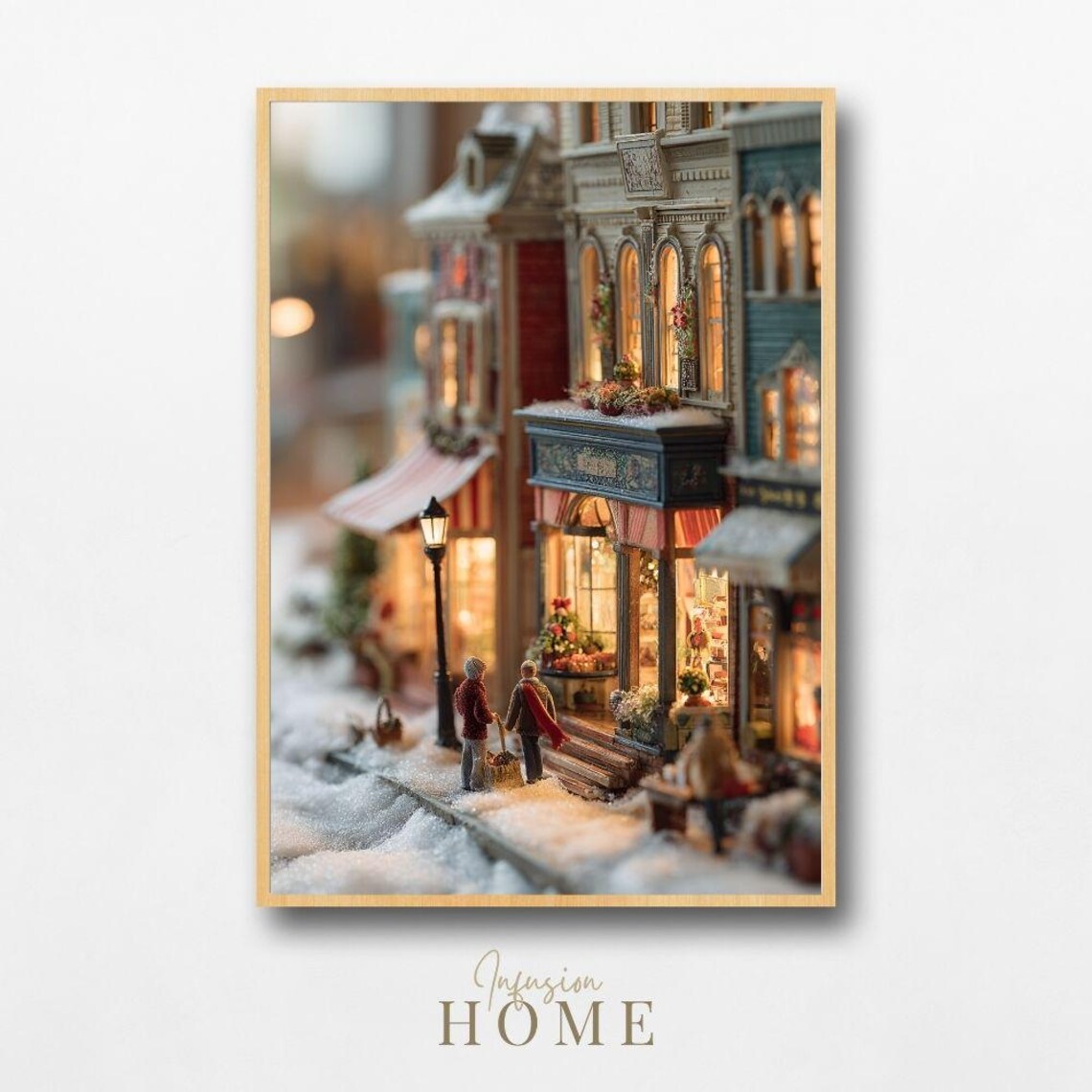 Snowy Miniature Village Street Florist Shop Winter Scene Print