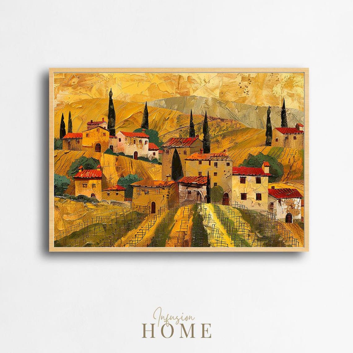 Tuscan Village Vineyard Rows Golden Hills Painting Style Poster