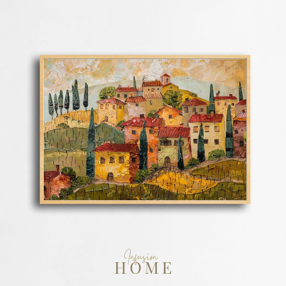 Tuscan Village Hillside Italian Cypress Trees Impasto Painting Poster