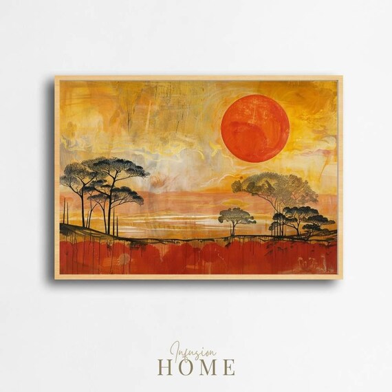 African Savannah Sunset Red Sun Acacia Trees Landscape Art Print