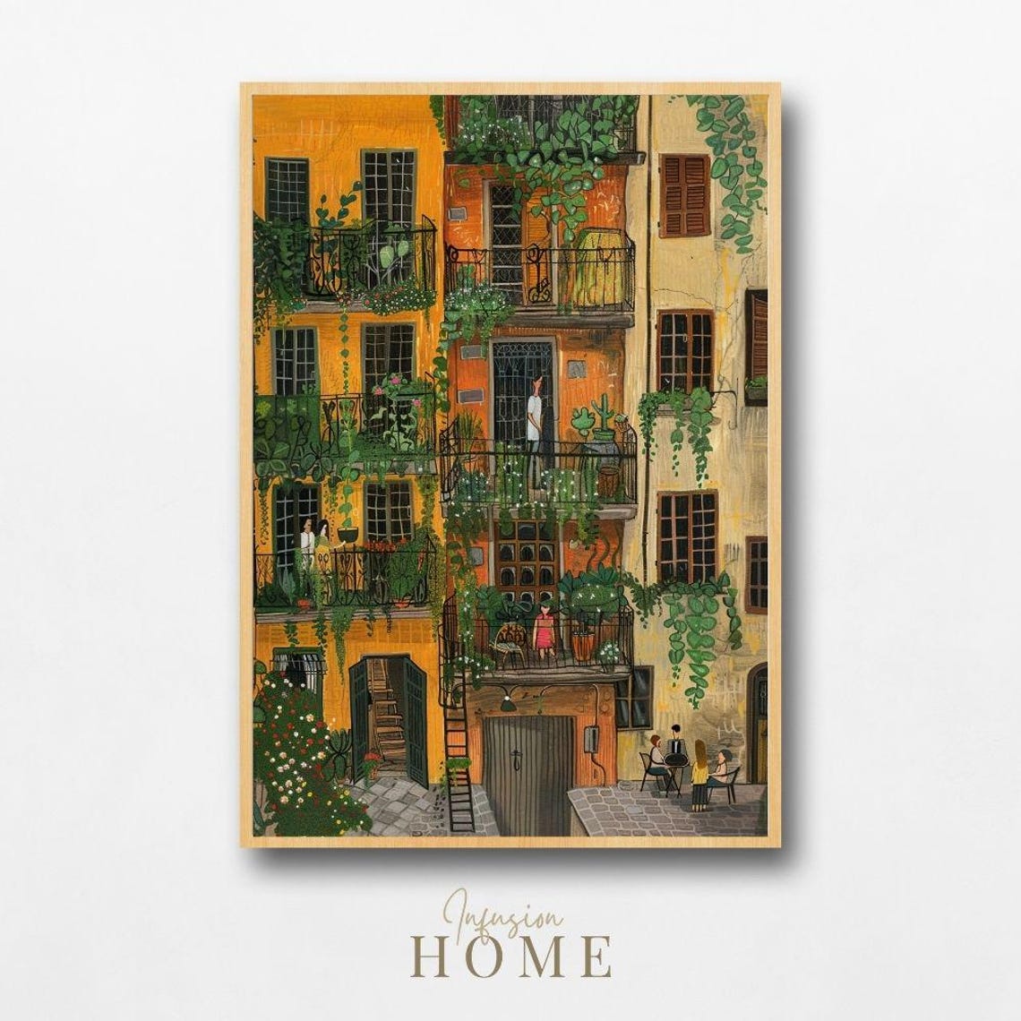 Italian Village Balcony Art Print Botanical Courtyard