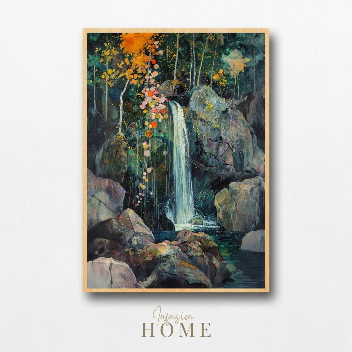 Mystic Waterfall Cascade Forest Pool Autumn Nature Abstract Poster