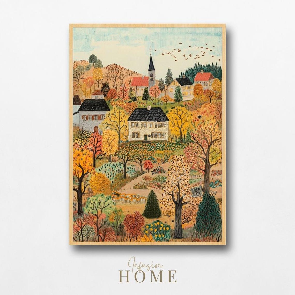 Autumn Village Whimsical Fall Landscape Folk Art Painting Poster
