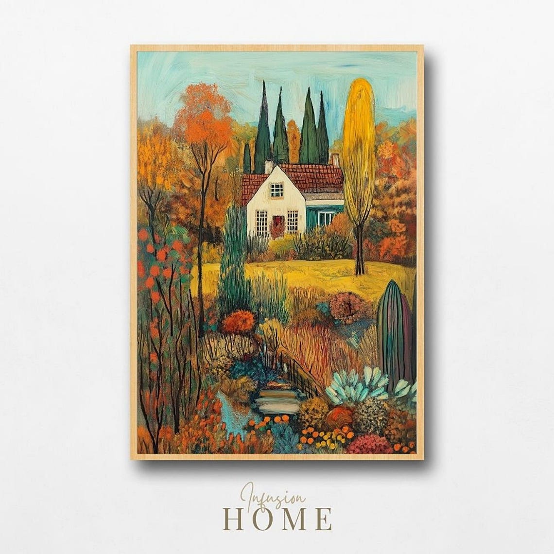 Autumn Garden Cottage Fall Foliage Whimsical Landscape Art Print