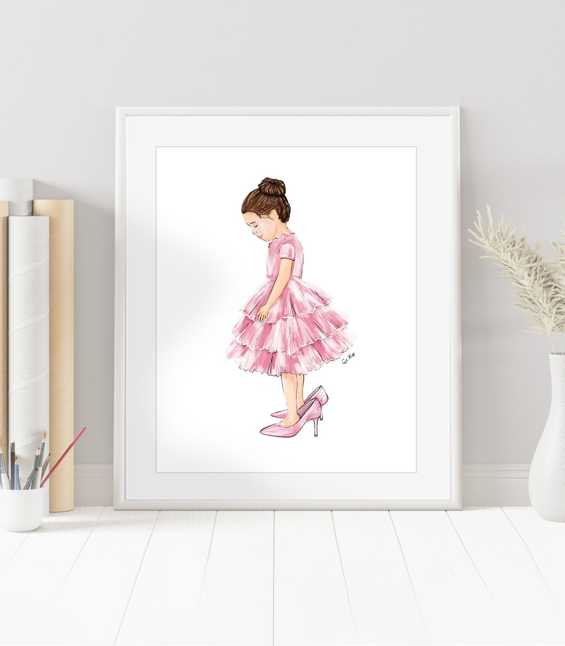 Toddler Pink Tutu Dress and Moms High Heels Illustration Poster - Image 2