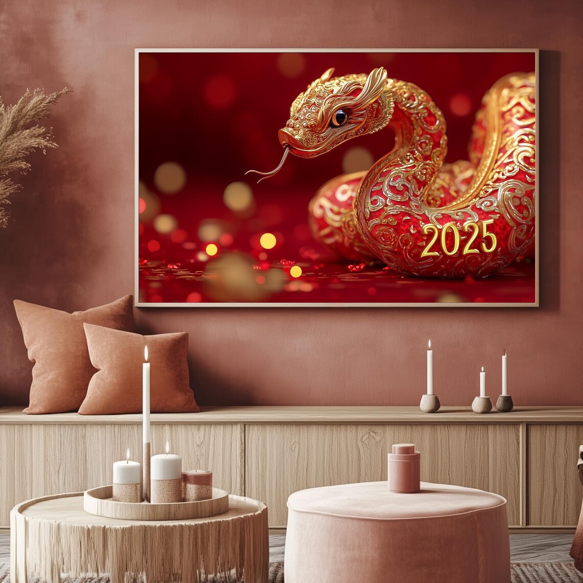 Red Gold Snake 2025 Lunar New Year Zodiac Art Frame TV Poster - Image 2