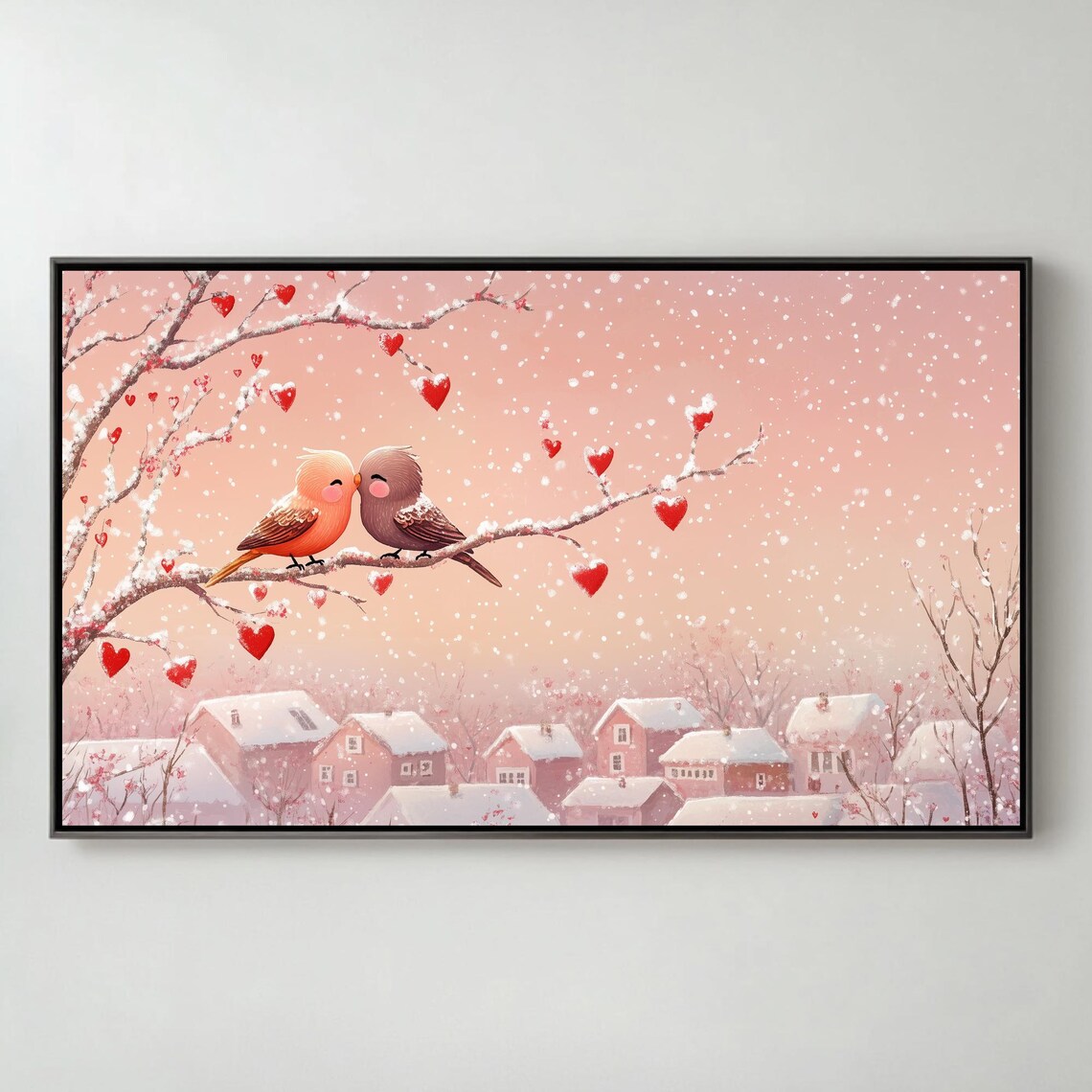Lovebirds On Snowy Branch Over Village Floating Hearts Wall Art