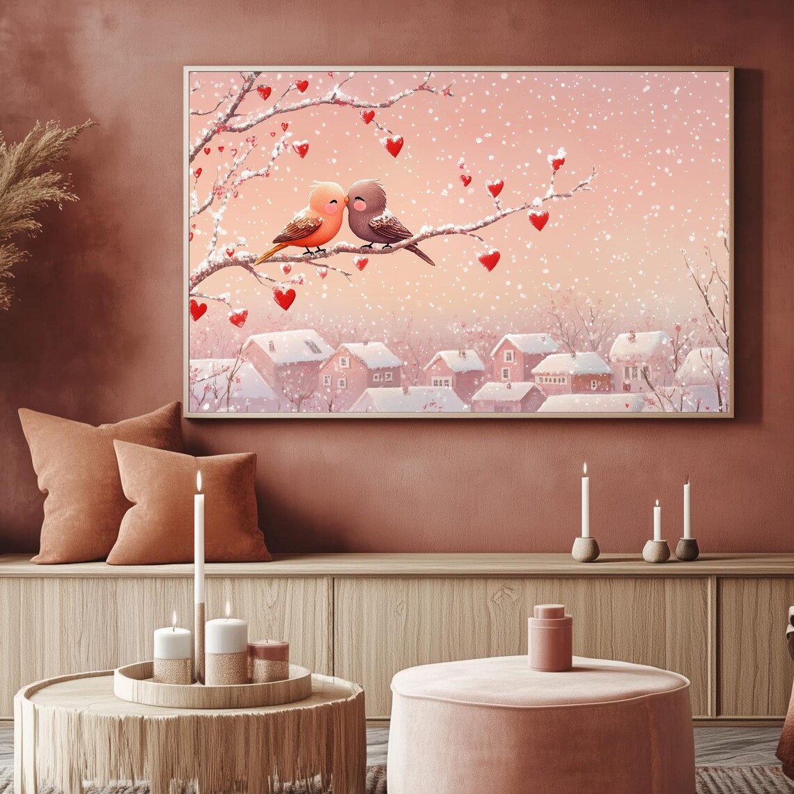 Lovebirds On Snowy Branch Over Village Floating Hearts Wall Art - Image 2