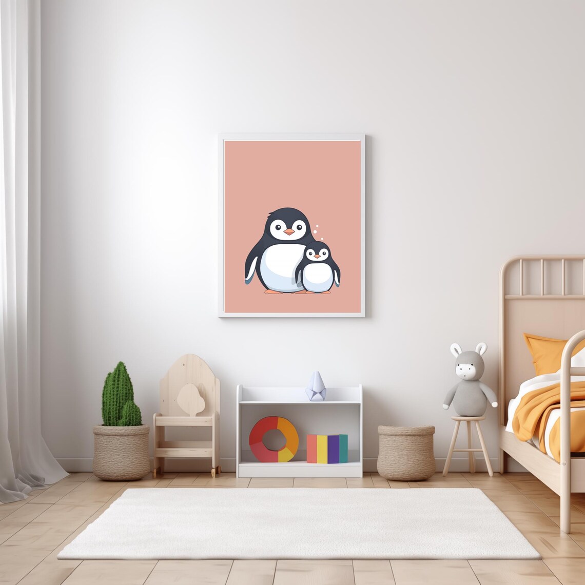 Mommy And Baby Penguin Hugging On Pink Background Nursery Poster - Image 5