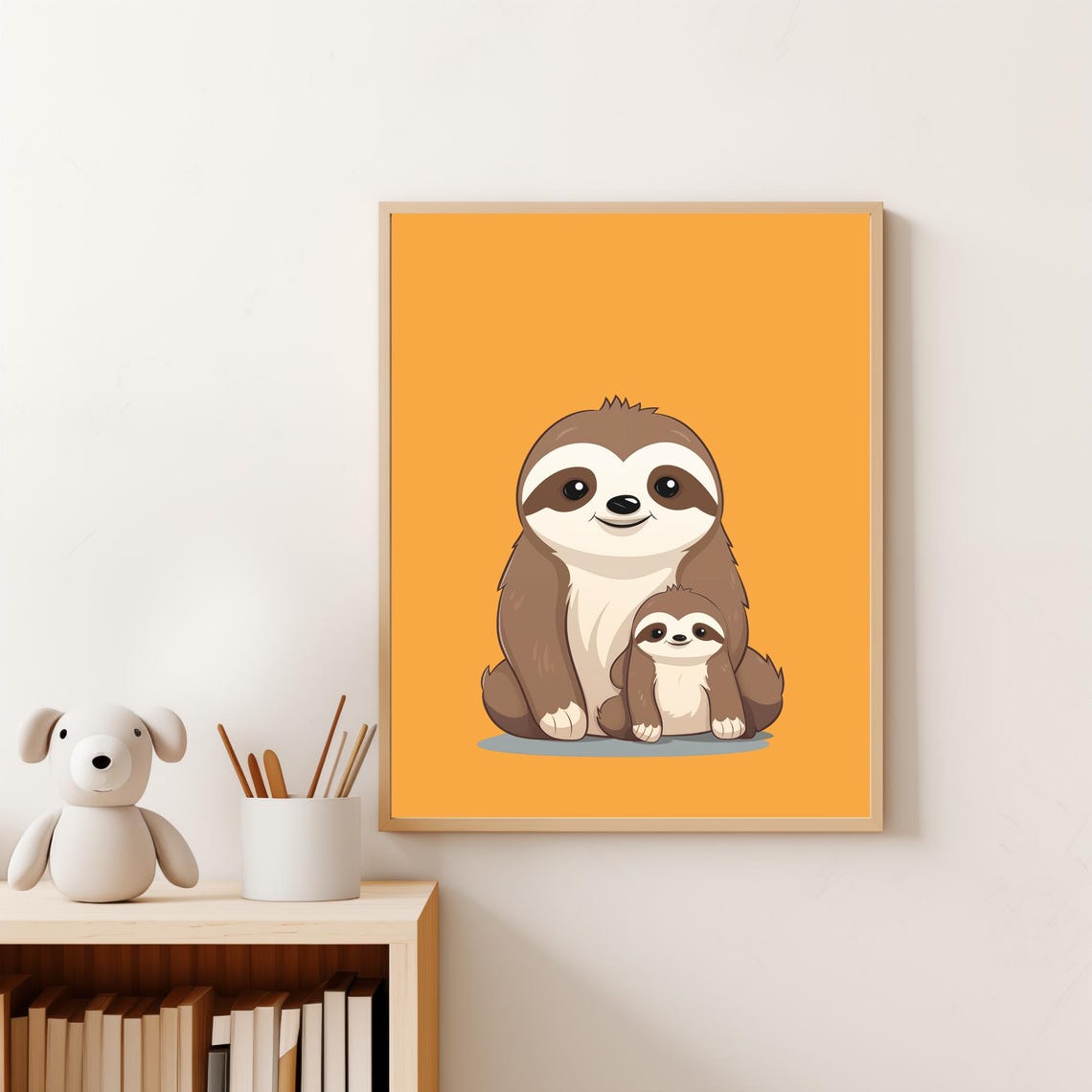 Mommy And Baby Sloth Cuddling Warm Orange Nursery Wall Art Poster