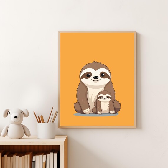 Mommy And Baby Sloth Cuddling Warm Orange Nursery Wall Art Poster