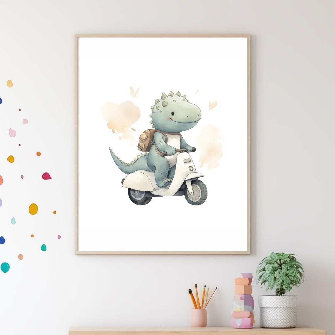 Baby Dinosaur Riding White Scooter With Backpack Nursery Wall Art