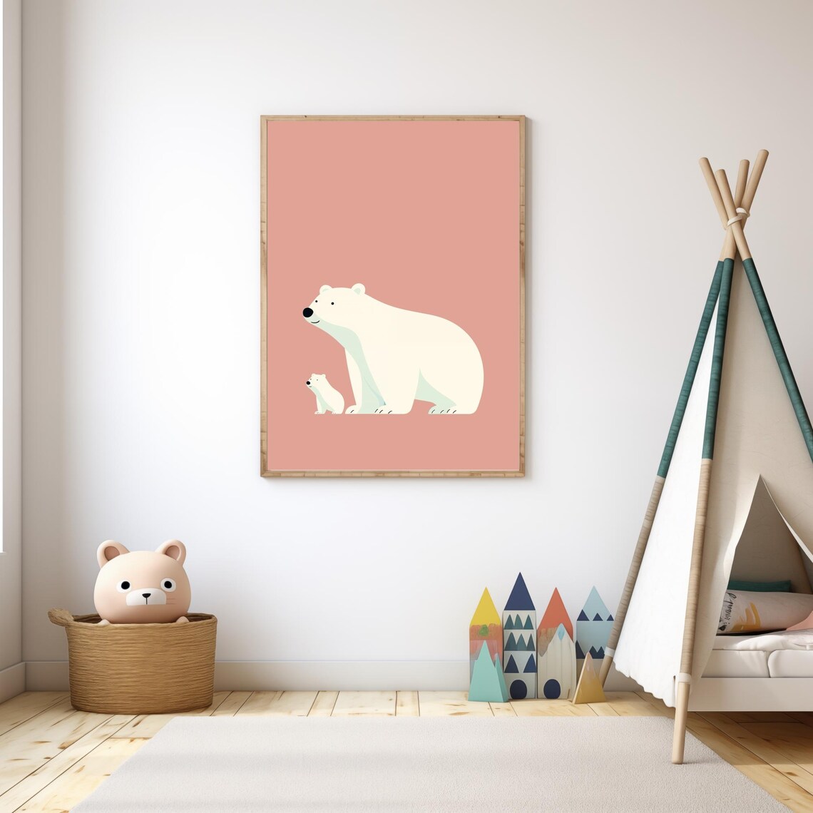 Mommy And Baby Polar Bear Walking Pink Background Nursery Poster - Image 2