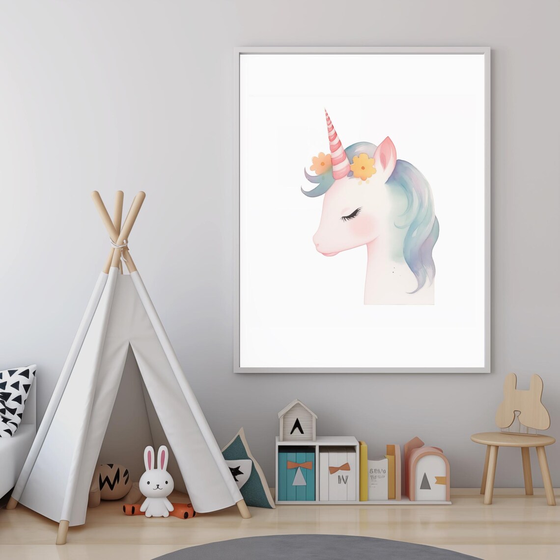 Watercolor Unicorn With Flowers Dreamy Nursery Wall Art Poster - Image 4