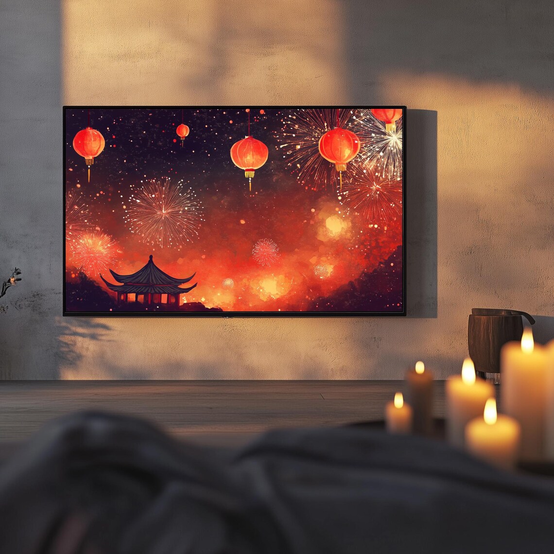 Fireworks Red Lanterns Pagoda Lunar New Year Night Art TV Poster - Image 3
