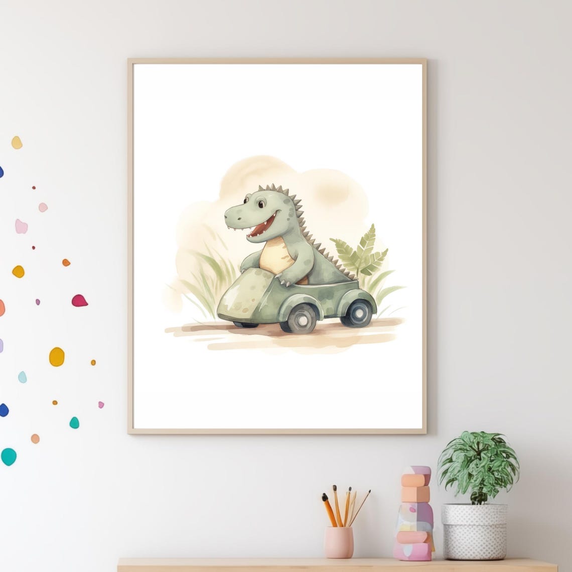Baby Dinosaur Driving Green Toy Car Watercolor Nursery Wall Art
