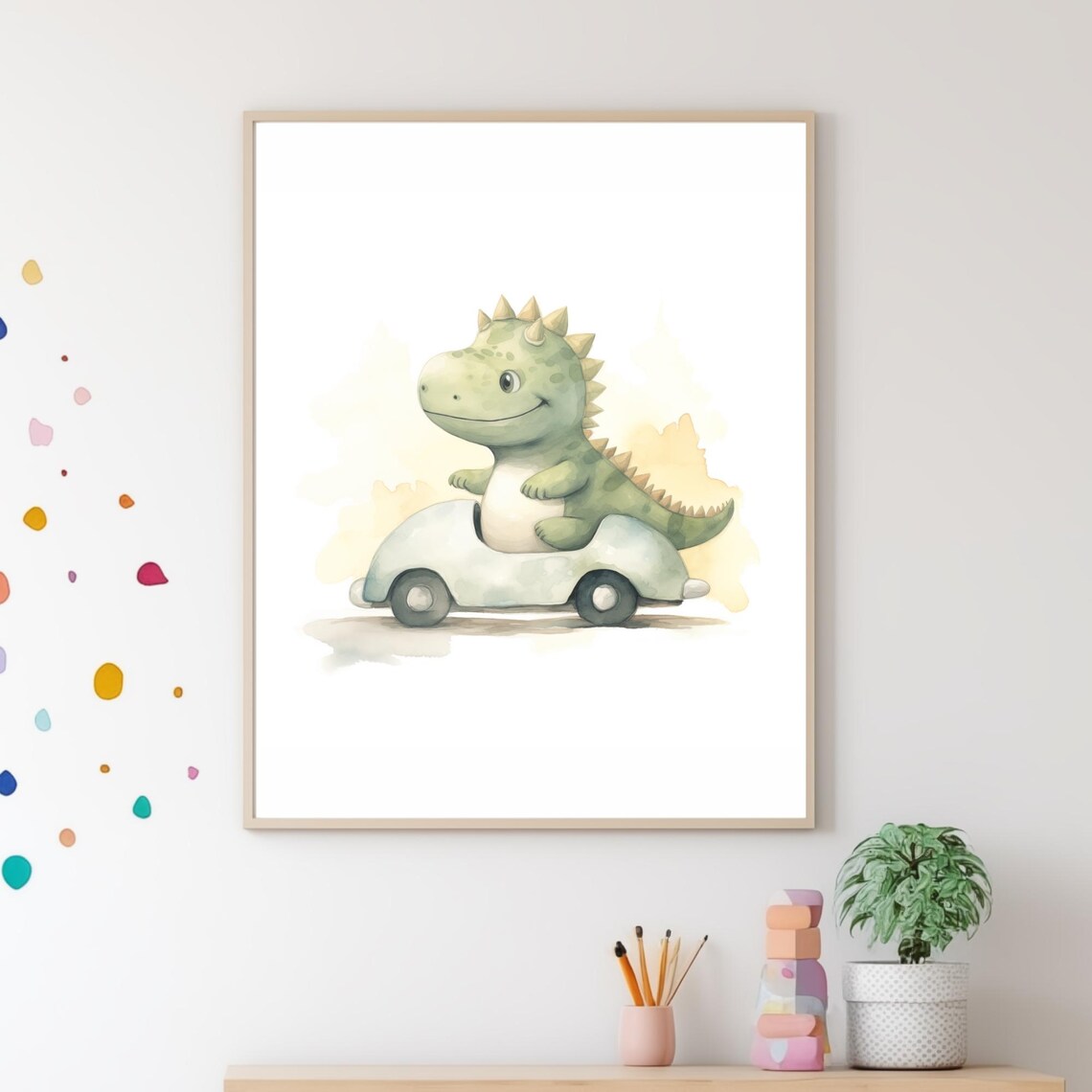 Baby Dinosaur Riding Blue Toy Car Cute Watercolor Nursery Wall Art