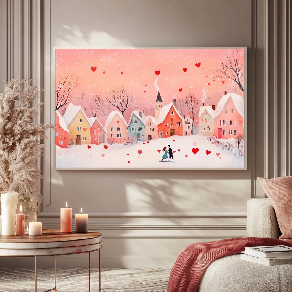 Couple Ice Skating In Snowy Pink Village Hearts Romantic Wall Art - Image 5