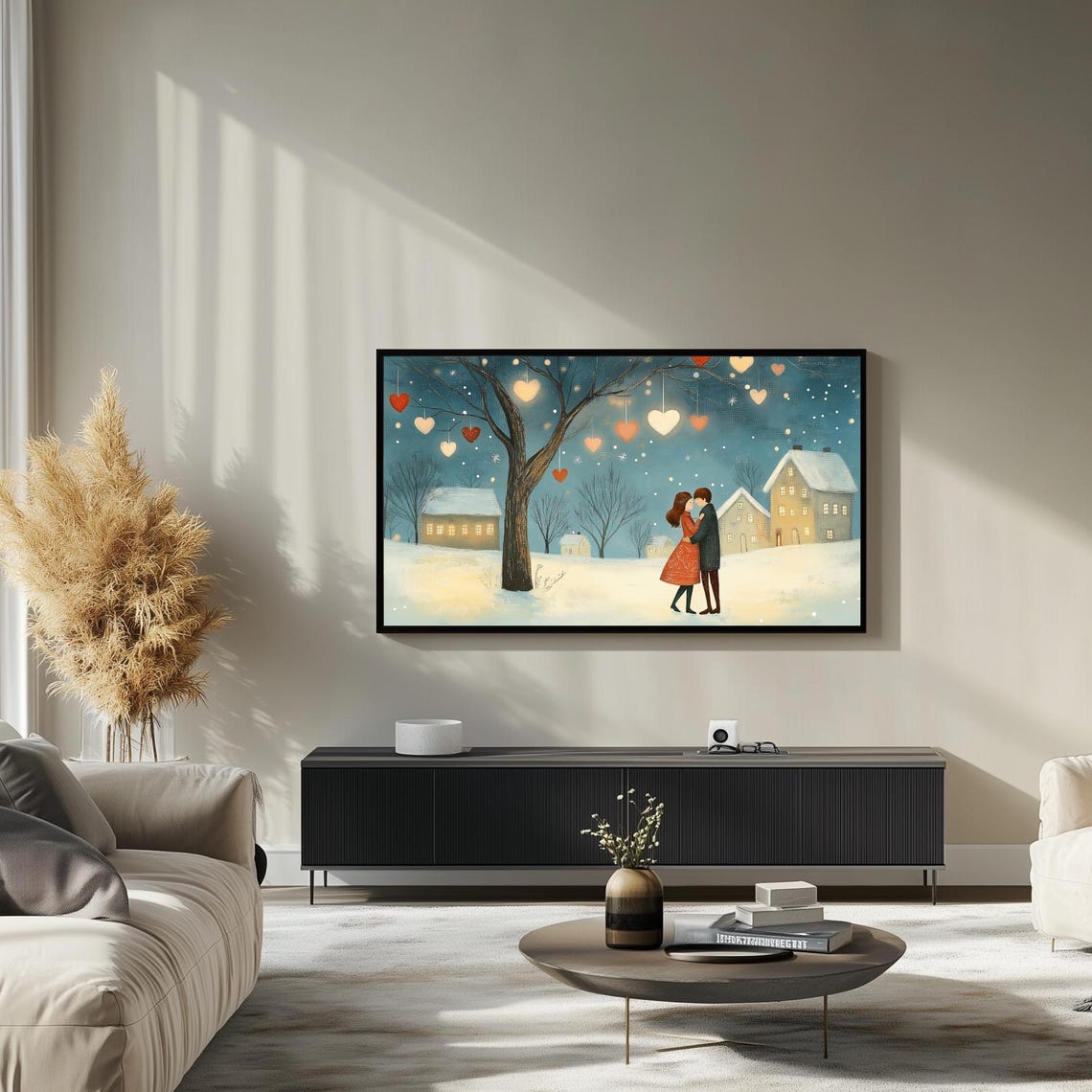 Couple Embracing Under Heart Tree Snowy Night Romantic Wall Art - Image 3