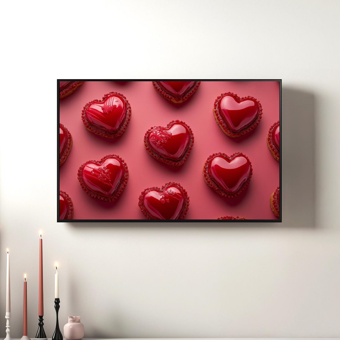 Glossy Red Heart Pastries Pattern Valentines Day Art Frame TV Poster