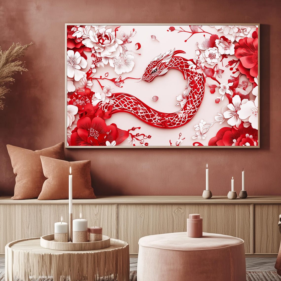 Red Papercut Snake Peonies Lunar New Year Art Frame TV Poster - Image 2