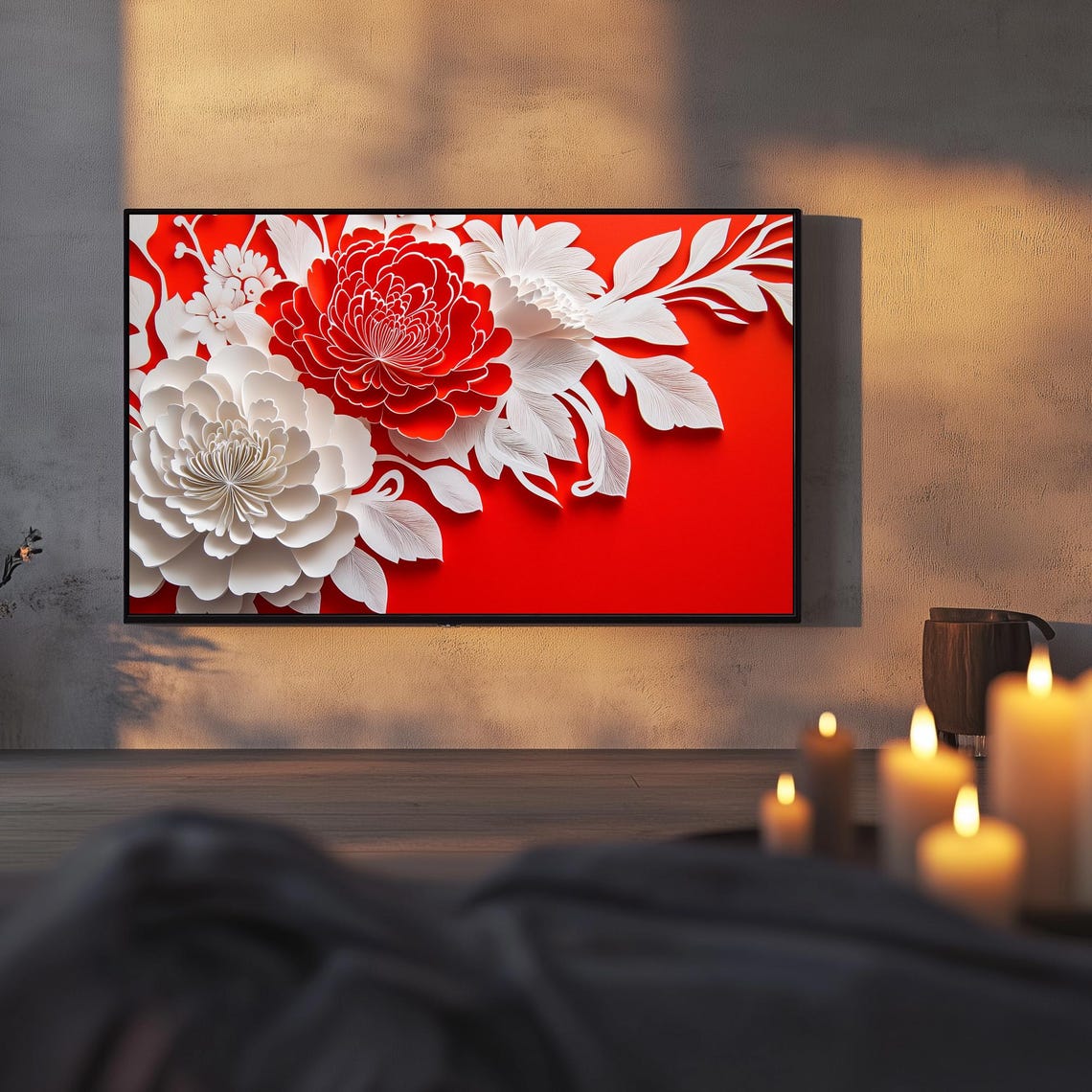 Red White Papercut Peonies Chinese Floral Art Frame TV Poster - Image 3