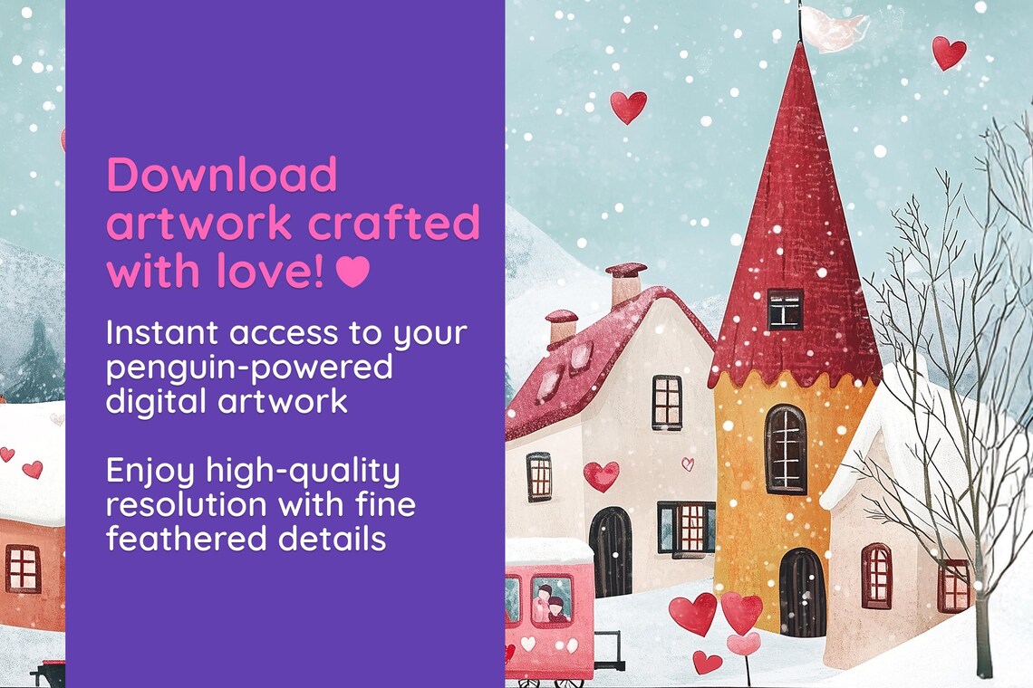 Pink Train With Hearts Passing Snowy Village Mountains Wall Art - Image 4