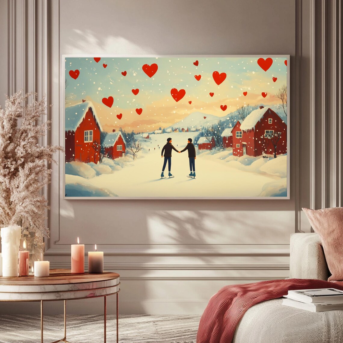Gay Couple Ice Skating Hand In Hand Snowy Hearts Wall Art Poster - Image 5