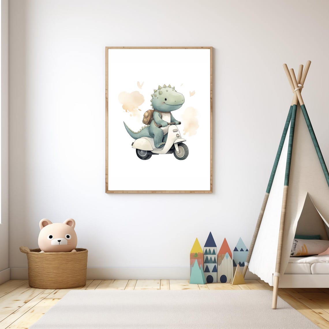 Baby Dinosaur Riding White Scooter With Backpack Nursery Wall Art - Image 4