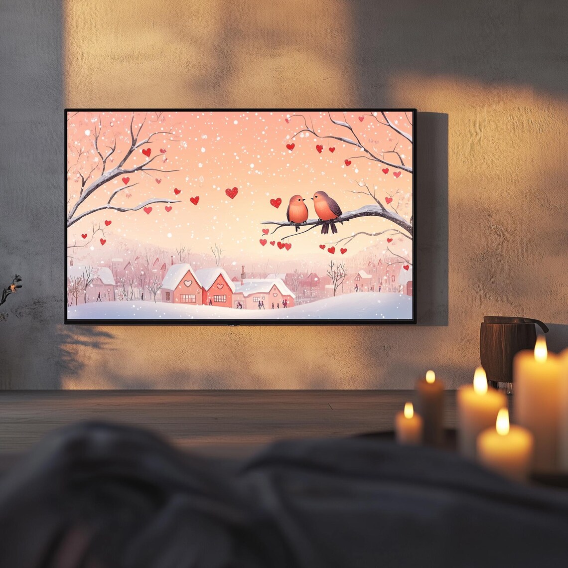 Winter Lovebirds On Snowy Branch Heartfelt Village Sunset Poster - Image 3