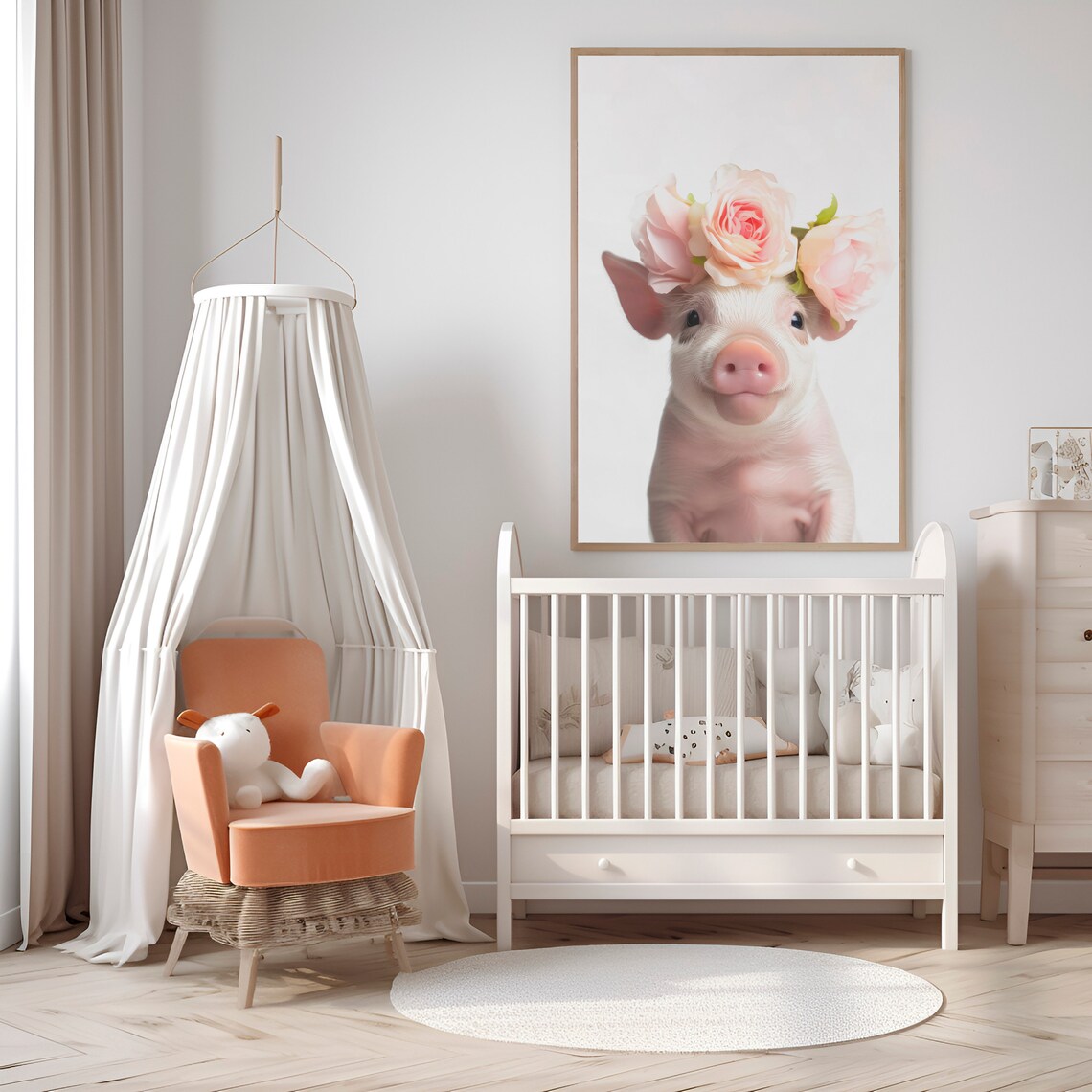Adorable Baby Pig Rose Flower Crown Nursery Animal Art Print - Image 4