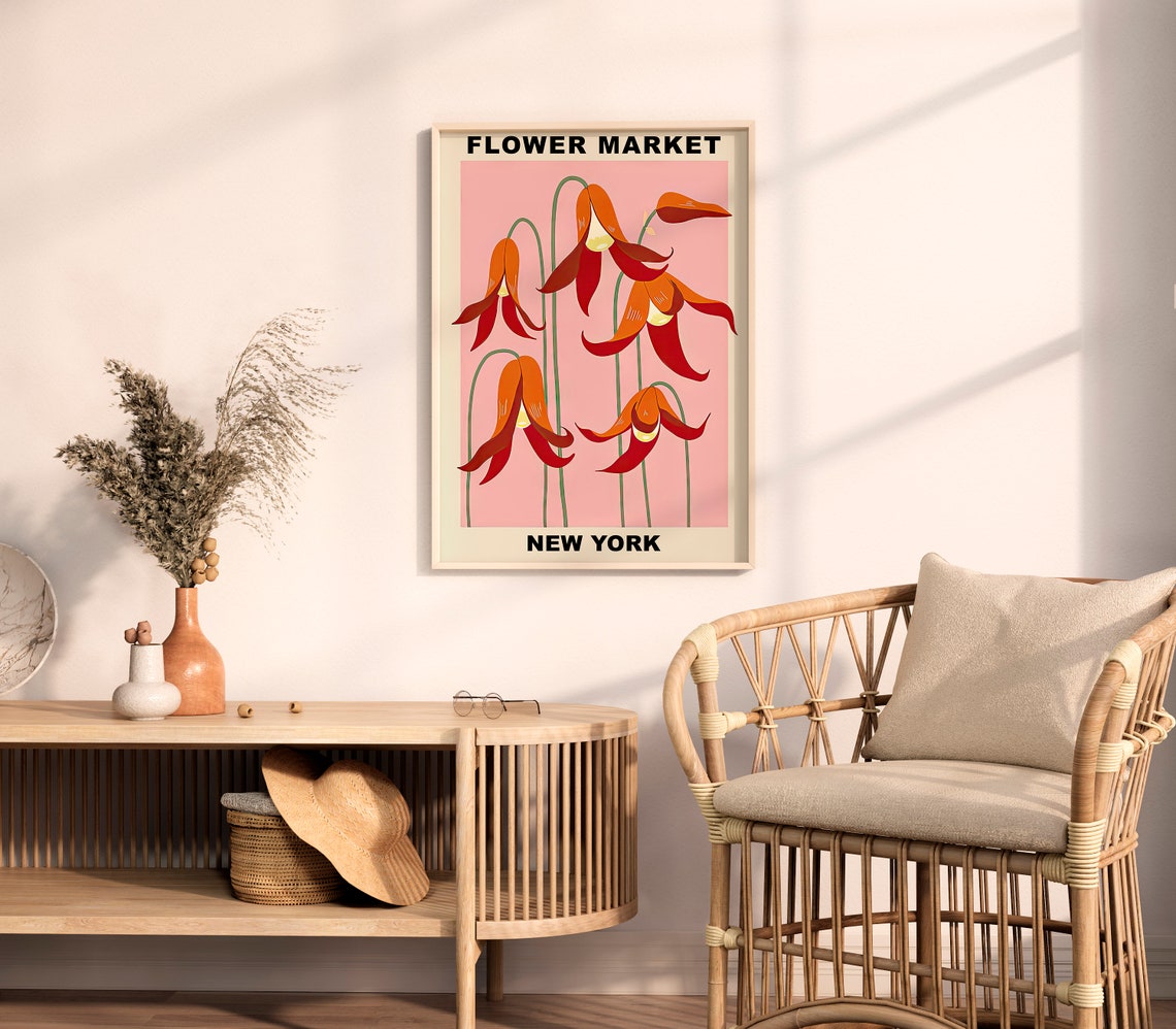 Red Flower Market New York Retro Botanical Tulip Bloom Poster - Image 2