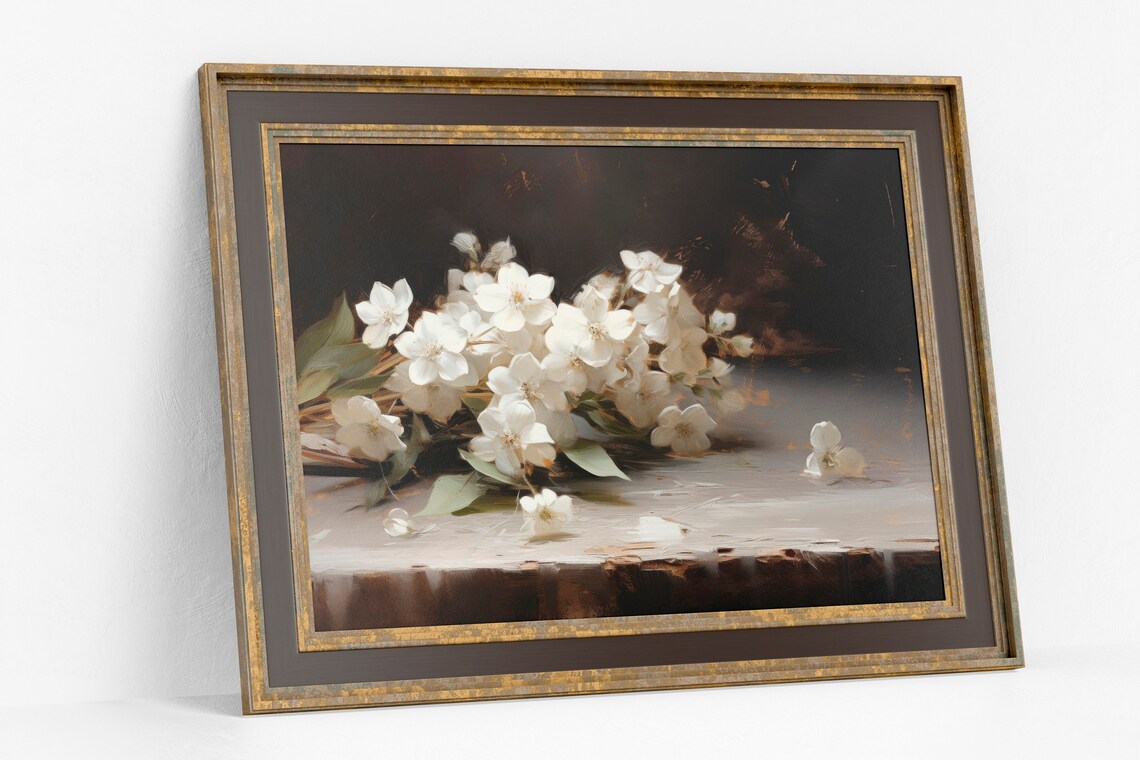 Moody White Blossom Vintage Oil Painting Dark Botanical Wall Art - Image 2
