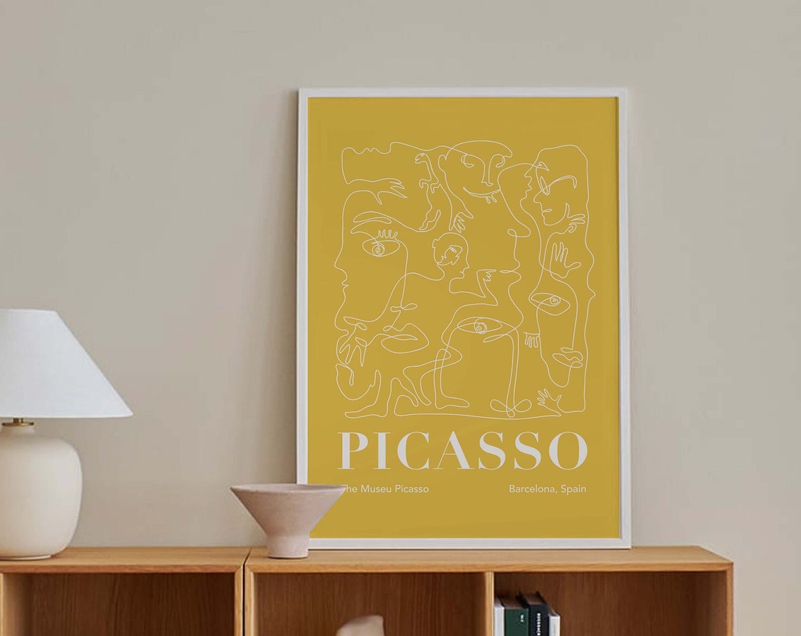 Picasso Abstract Line Art Faces Mustard Yellow Exhibition Poster
