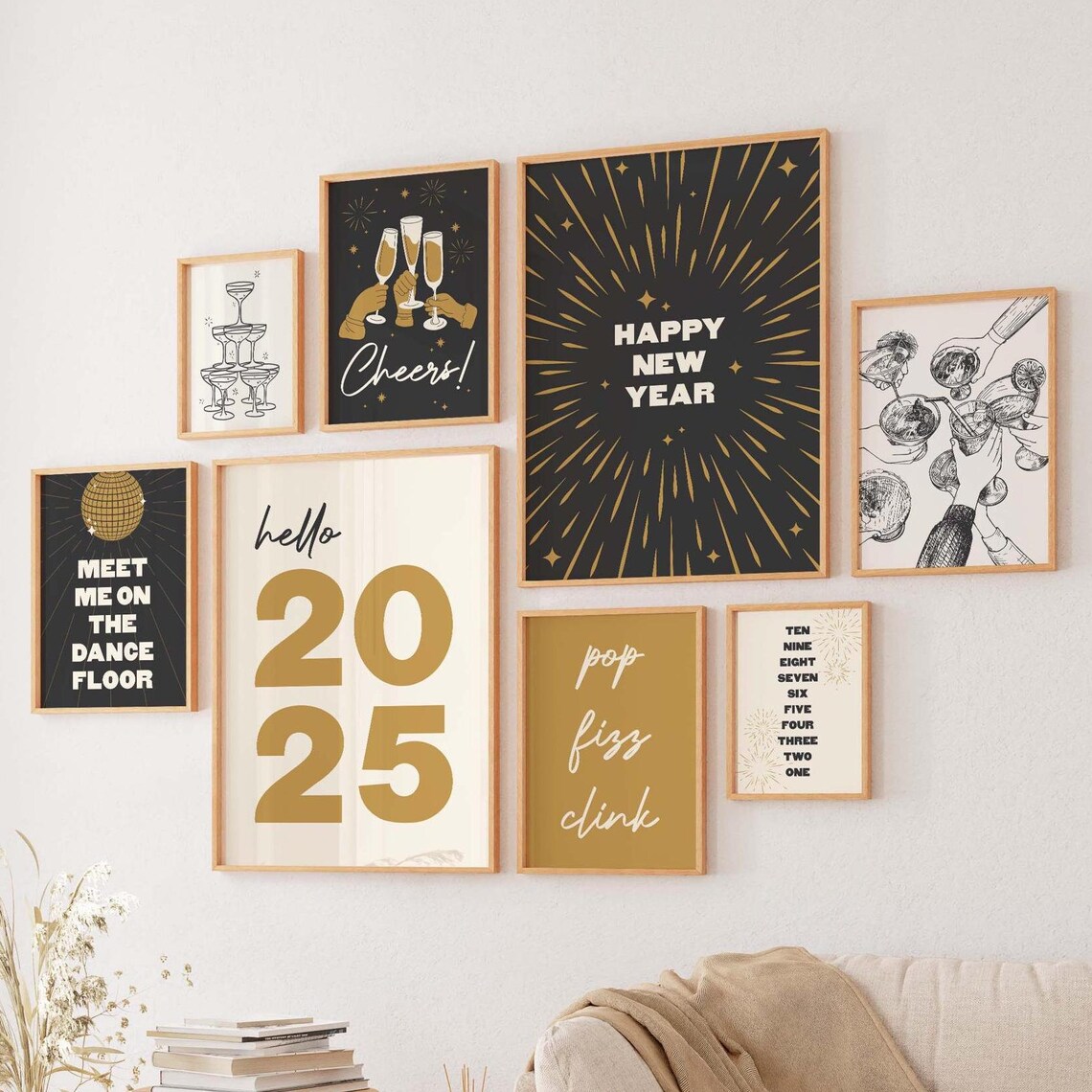 Ten Piece New Year Eve Gallery Wall Set Black Gold Party Poster